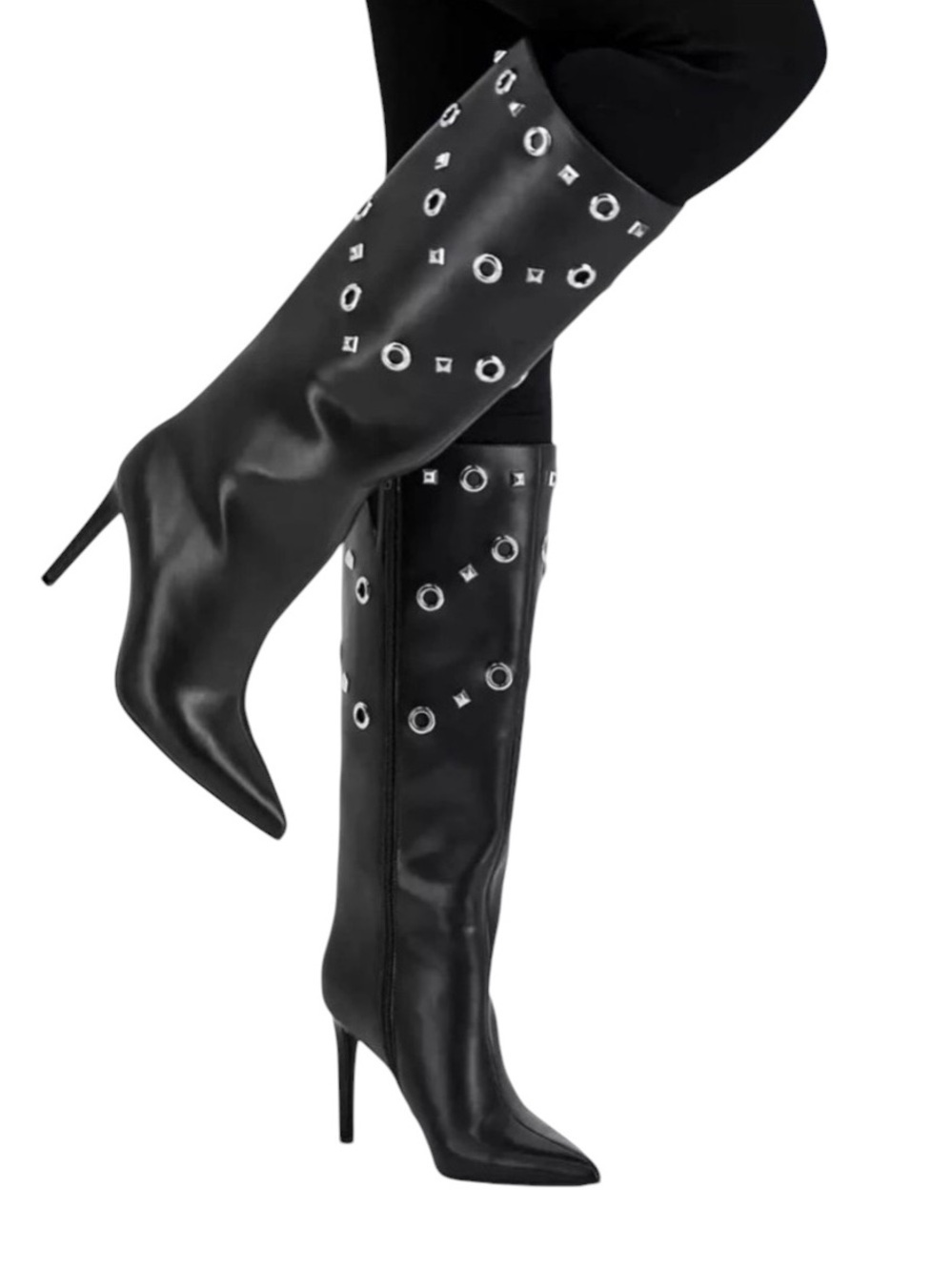 Black Knee-High Stiletto Boots with Silver Eyelet Detail